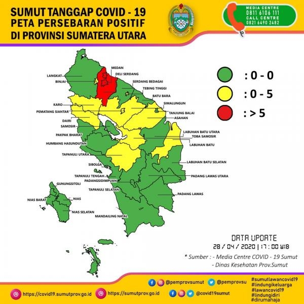 Peta Persebaran positif di Provinsi Sumatera utara 28 April 2020